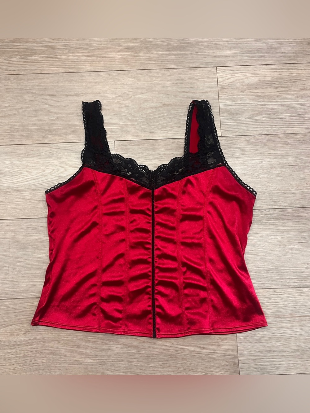 Y2K Red Satin Black Lace Corset Bustier Cami Top Romantic Goth Lingerie